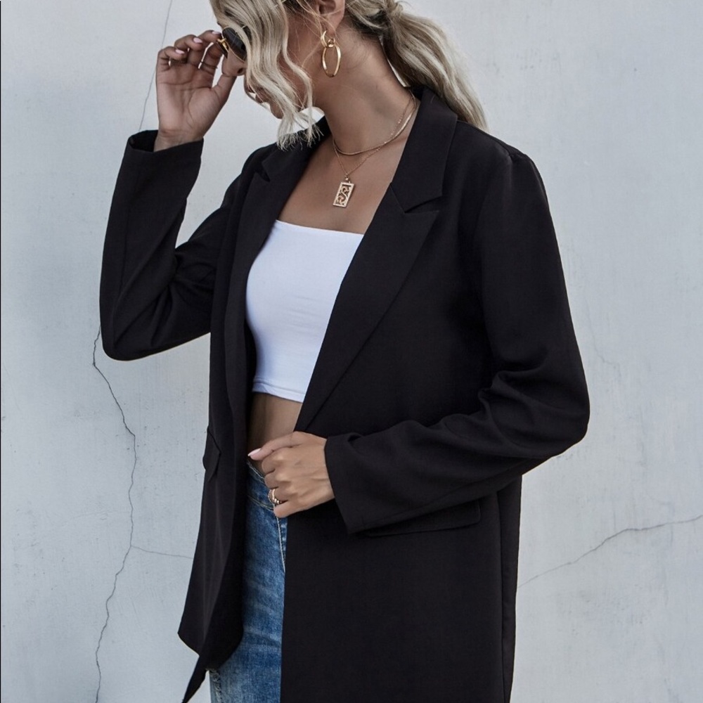 Black collar open front classic blazer work - Picture 9 of 11